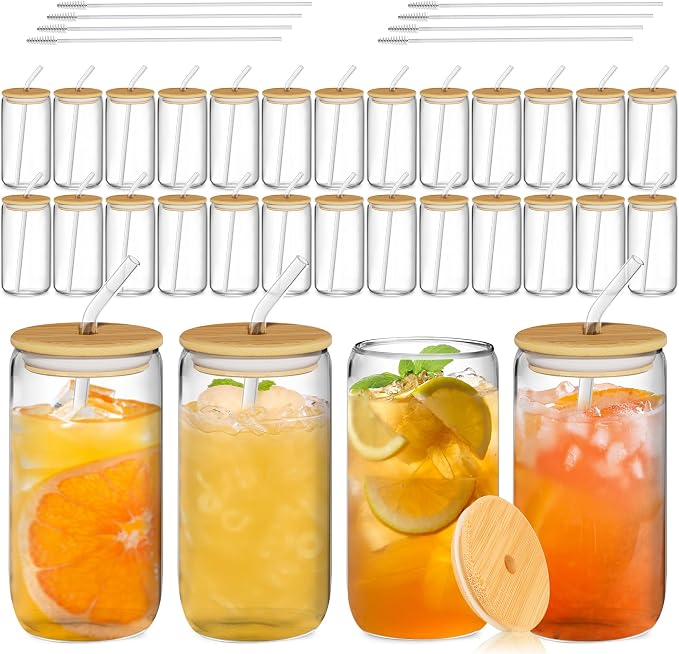 30 Pcs Glass Cups with Bamboo Lids and Straws - 16oz Glass Tumbler, Iced Coffee Cup, Can Shaped Drinking Glasses for Coffee, Tea, Smoothie, Juice, Cocktail Include Cleaning Brushes & Boxes