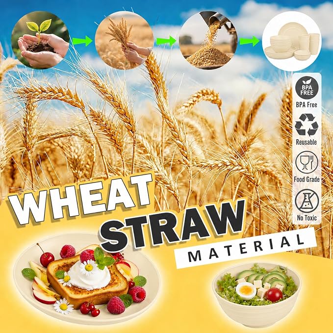 16 Piece Wheat Straw Dinnerware Sets for 4, Unbreakable Dish Set,Reuseable Toddler Plates and Bowls Sets for 4, Lightweight Kitchen Dishware Set for Camping, Picnic Kids Dish Set - Beige
