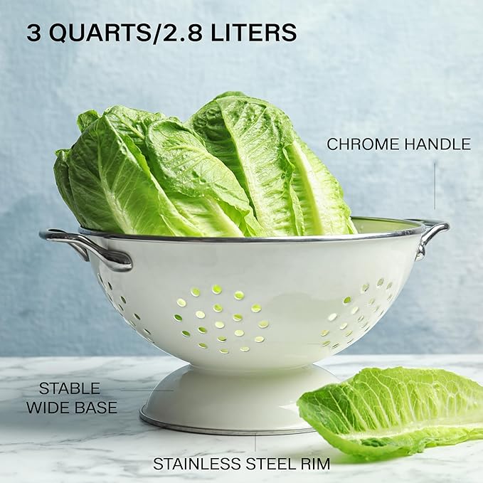 Reston Lloyd, 3 Quart Powder Coated Steel Kitchen Strainer Basket for draining Pasta, Vegetable and Fruit, Chrome Handles and Wide Stable Base, Pink