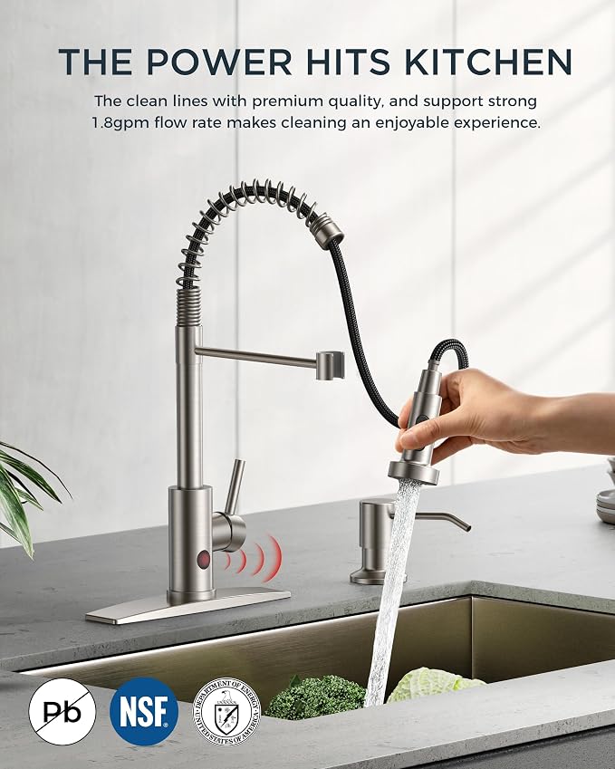 FORIOUS Touchless Kitchen Faucet Brushed Nickel, Smart Motion Sensor Spring Sink Faucet with Pull Down Sprayer Commercial Contemporary Hands-Free for Pot Filler, Farmhouse Camper Laundry Camper