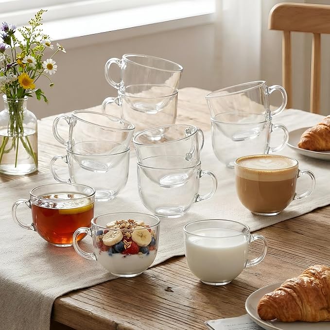 12 Pack Glass Coffee Mugs with Handles, 12 Ounces Glass Breakfast Mugs Bulk, Clear Tea Cups for Hot/cold Drinks, Glassware Set for Americano, Latte, Cappuccino(Simple)