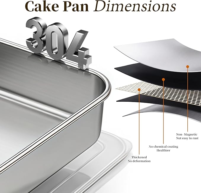 8x8 Baking Pan with Lid, Stainless Steel Brownie Pan, Square Cake & Casserole Bakeware, Heavy Duty Non-Toxic Oven Pan, Dishwasher Safe (2 Pans + 2 Lids)