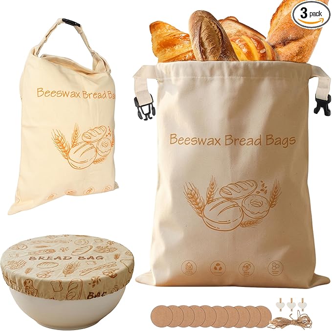 Reusable Beeswax Bread Bag for Homemade Sourdough Storage,Organic Cotton Beeswax Lined,2 Bags + 1 Bowl Cover | Keep bread fresh, Natural beeswax, Reusable, Easy to clean