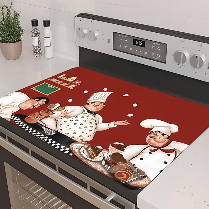 Decorative Stove Top Covers for Electric Stove 28"x20" – Heat Resistant Glass Cooktop Protector Dish Drying Mat – Non-Slip Rubber Backing Washer Top Cover Waterproof Extra Counter Space (Chef)