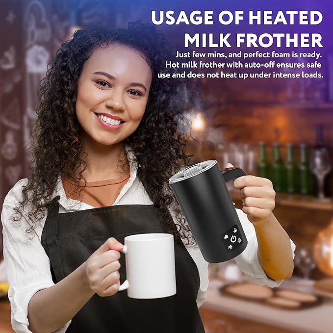 APQ Supply Black Electric Milk Frother and Steamer 11.8oz. Warm and Cold Foam Maker for Coffee. Functional 4-in-1 Automatic Milk Steamer and Frother for Latte, Hot Chocolate, Heating Baby Formula