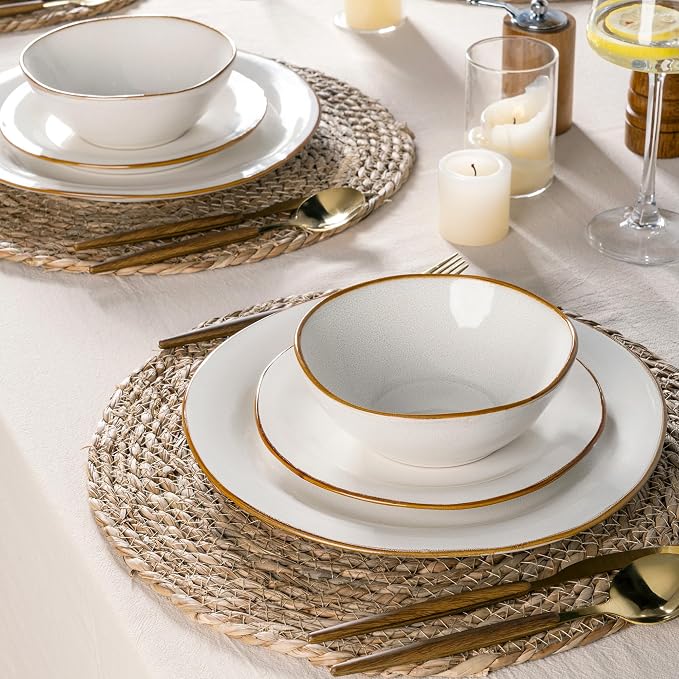 AmorArc Ceramic Dinnerware Sets, Handmade Stoneware Reactive Glaze Plates and Bowls Set, Scratch Resistant | Dishwasher & Microwave Safe, Service for 4 (12pc)
