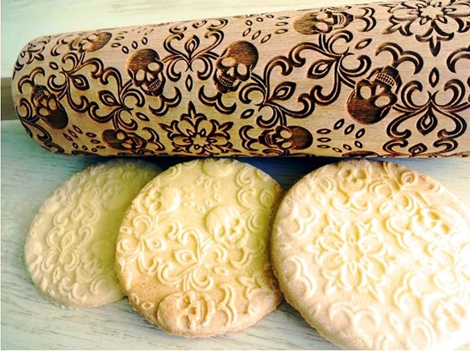 SKULL WREATH Embossing Rolling Pin with SKULLS, Spooky, Death's-head, Halloween Sugar. Laser Engraved Dough Roller for Embossing Homemade Halloween Cookies by Algis Crafts