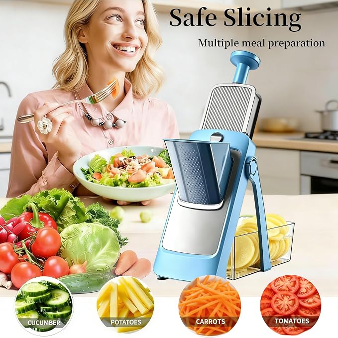 Upgraded Safe Mandoline Slicer for Kitchen, Potato Slicer for Chips, Multi Vegetable Chopper with Drain Basket Storage Container, Thickness Adjustable Versatile Faster Slice Artifact (Blue)