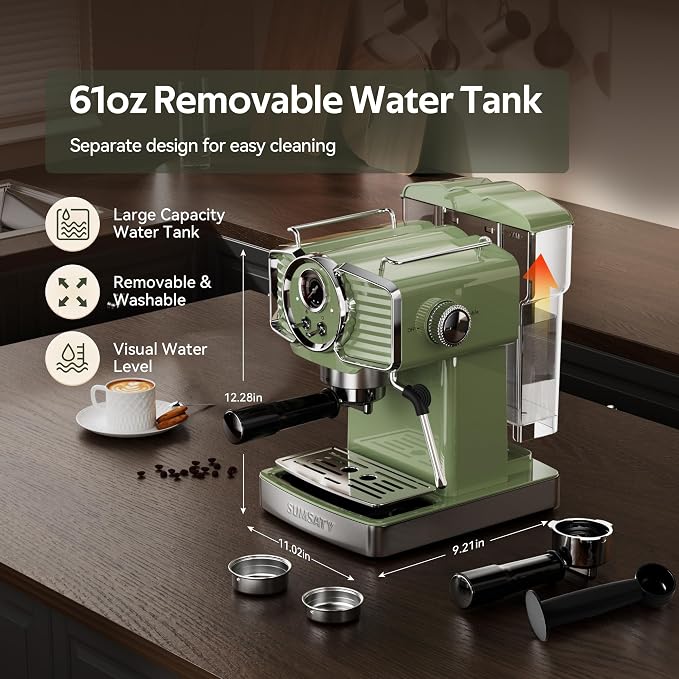 SUMSATY Espresso Machine 20 Bar, Retro Espresso Maker with Powerful Milk Frother Steam Professional Expresso Machine for Home with 61oz Water Tank Cappuccino & Latte Maker, Green