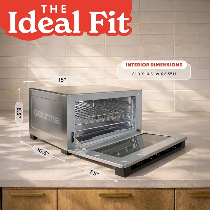 Gourmia Toaster Oven Digital Air Fryer - Convection Mode with 4 Slice Capacity, 3 Rack Positions, 12 Presets, Toast, Bagel, Bake, Roast, Broil, Dehydrate, Popcorn, Fits 9" Pizza, Stainless Steel