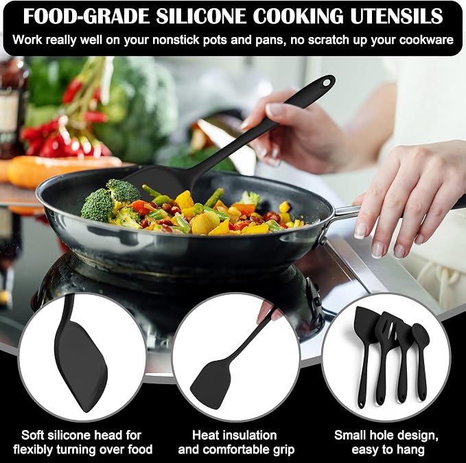 HaWare 20PCS Kitchen Gadgets Set, 14PCS Silicone Kitchen Cooking Utensils Set and 6PCS Mixing Bowls with Airtight Clear Lids (Size 4.6, 3, 1.5QT), Black
