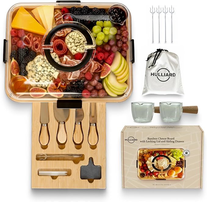 Charcuterie Board Set with Handless Lid – Bamboo Cheese Board with Sliding Drawer, 4 Stainless Steel Cheese Knives, 4 Forks, 2 Glass Bowls, Gift Bag – Perfect for Gift