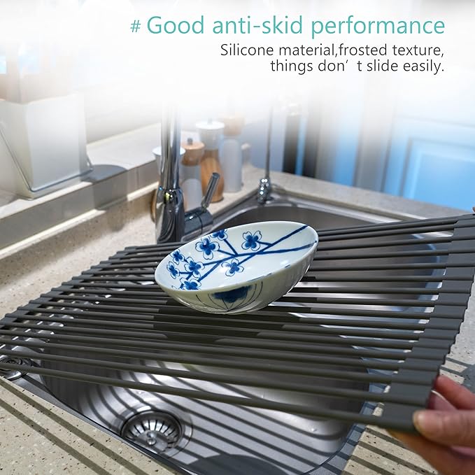 Bigdata&BetterLife Roll Up Dish Drying Rack Simple Large Space Saving Dish Drying Mat for Kitchen Foldable Silicone Coated Stainless Steel Heavy Duty Dry Rack(Black, 20.5" x 13.1")