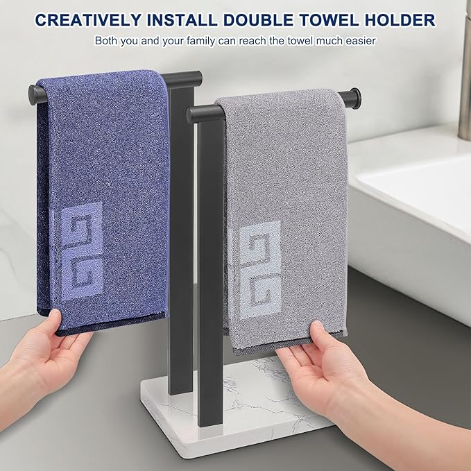 NearMoon Hand Towel Holder with Balanced Marble Base, SUS304 Stainless Steel Stand Towel Ring L Shape Hand Towel Rack Free-Standing Towel Bar for Bathroom Kitchen Countertop (Double Rod, Matte Black)