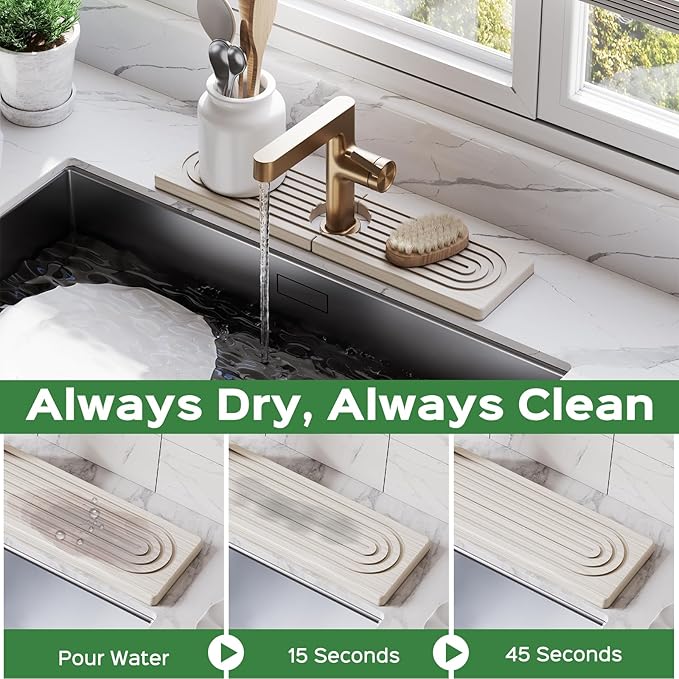 16 Inch Stone Faucet Mat for Kitchen Sink Splash Guard - Diatomite Quick Dry Stone Mat Kitchen Sink Protectors, Water-Absorbent Faucet Handle Drip Catcher Tray with Drainage (White, 15.7" x 3.9")