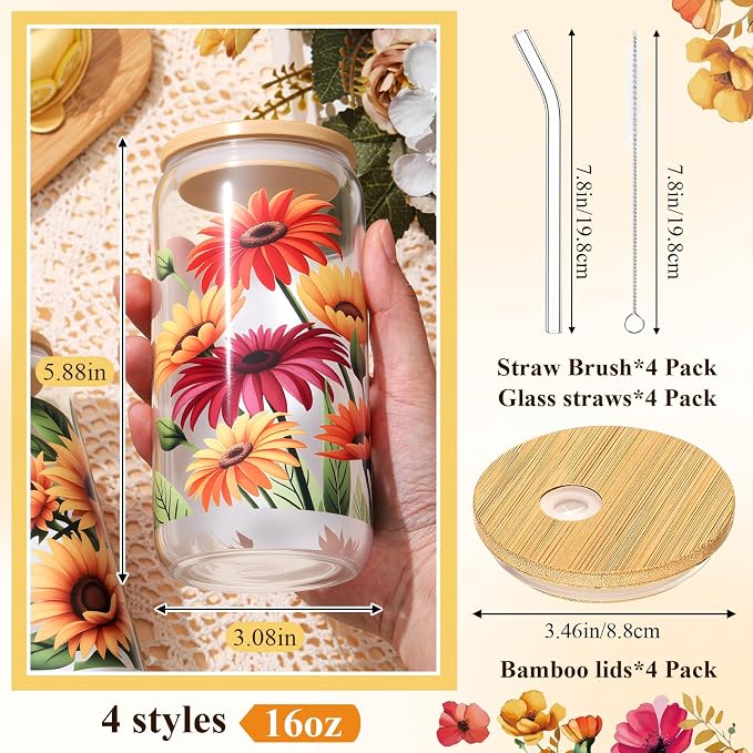 Mumufy 4 Pack Wildflower Glass Cups Gift Aesthetic Cute Glass Cup Tumbler Flower Iced Coffee Mugs 16 oz with Bamboo Lid & Straw, for Wedding Birthday Bridesmaid Mom Baby Shower