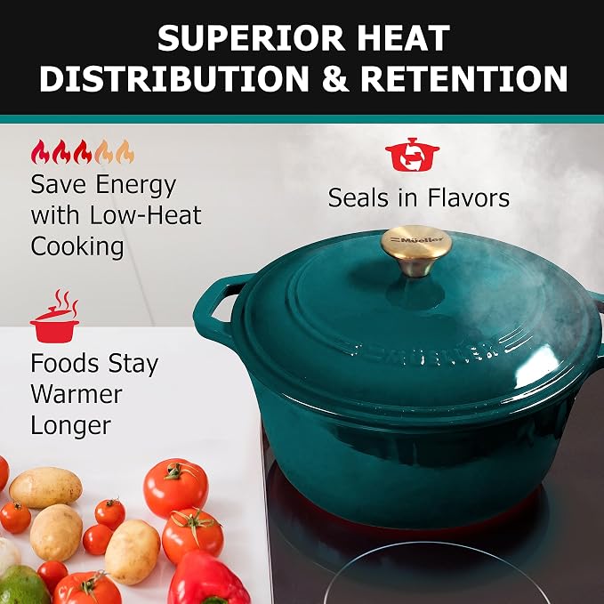 Mueller DuraCast 6 Quart Enameled Cast Iron Dutch Oven Pot with Lid, Sourdough Bread Baking, PFOA-Free, 500°F Oven Safe - All Cooktops incl. Induction, Braising & Slow Cooking, Emerald