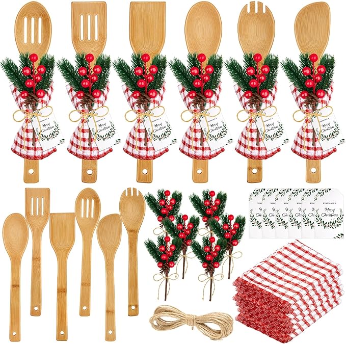 6 Set Christmas Gifts Kitchen Utensils Set with Holder Spatulas Bamboo Spoons Tag for Christmas Holiday Gift Kitchen Utensils Party Decoration
