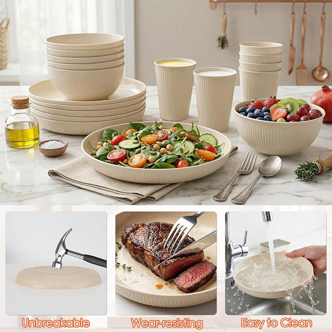 Wheat Straw Dinnerware Sets for 6 People 18pcs Camping Plates and Bowls Set | Unbreakable Dish Set Reusable Picnic Set, 23cm Plates, 350ml Cups, 15cm Bowls, Microwave and Dishwasher Safe