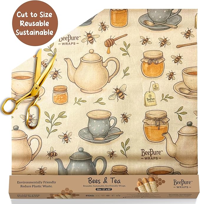 Reusable Beeswax Food Wrap Roll – Bees & Tea (15”×80”)