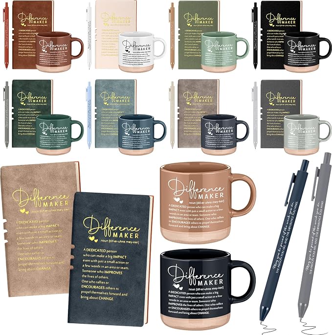 Didaey 10 Sets Difference Maker Appreciation Gifts Set 13oz Inspirational Ceramic Coffee Mugs A6 Leather Notebooks Ballpoint Pens Bulk Thank You Gifts for Employees, Staff, Nurses, Team Members