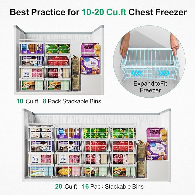 iSPECLE 2 Pack Freezer Organizer Bins - Fit 10 to 20 Cu.Ft Deep Freezer, Expandable Wire Storage Chest Freezer Baskets for Frozen Food, Stackable with Handles, White