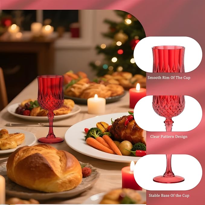 7OZ Plastic Wine Glasses, Reusable Vintage Goblets Unbreakable Drinking Glasses Crystal Water Cups Champagne for Wedding, Parties (48, Red)