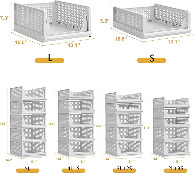 Proarea 5 Pack Stackable Plastic Storage Basket Closet Organizer Bin Foldable Clothes Organizer Storage Drawer Shelf Container for Living room Bathroom Kitchen Office (2L+3S)