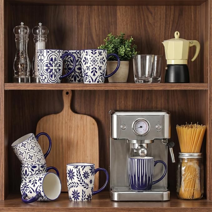 glowworm Ceramic Coffee Mugs, 16 Ounce Coffee Cups with Handle for Cappuccino, Milk, Hot Cocoa, Tea, Vintage Coffee Mug for Kitchen, Dishwasher & Microwave Safe, Set of 6, Blue&White