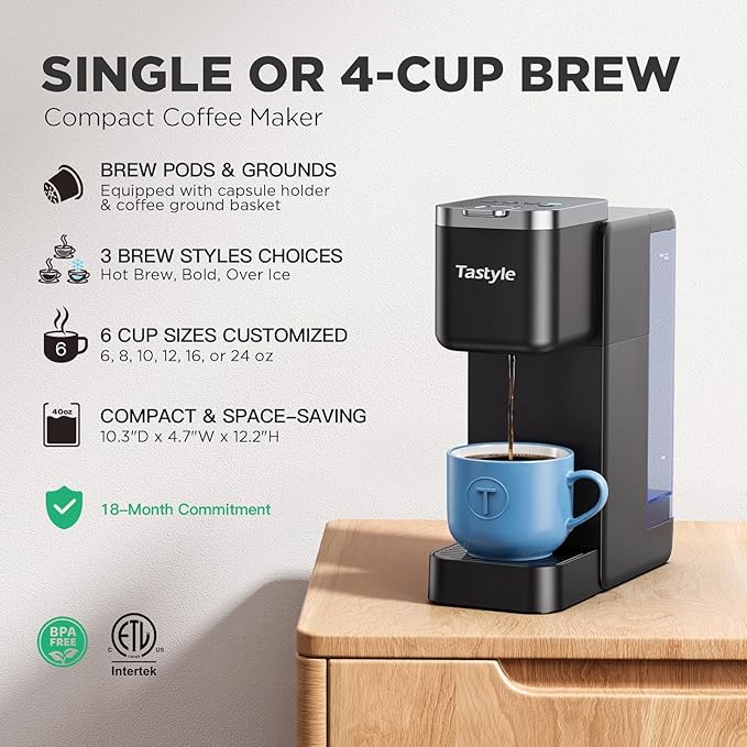 Tastyle Single Serve Coffee Maker with 30 Descaler Cleaner Tablets, Iced and Hot Coffee Machine for K Cup & Grounds, Compact Design, 40oz Removable Water Reservoir