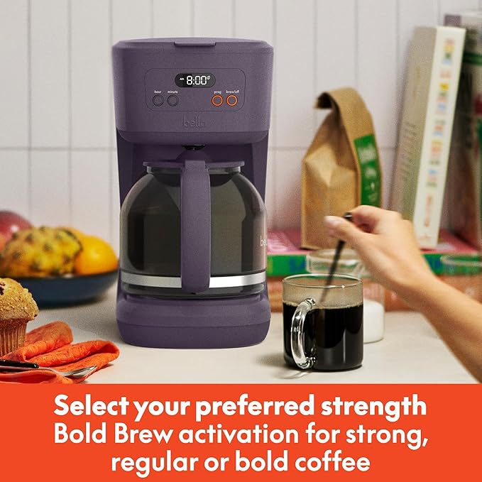 bella 12 Cup Programmable Coffee Maker, Reusable Dishwasher Safe Accessories, Easy LCD display, Auto Shutoff, 900 watt, Plum