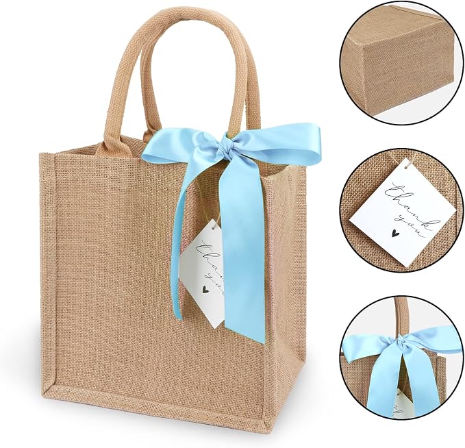 6 Pack Burlap Tote Bags with Handles Reusable Small Jute Gift Bags with Blue Silk Ribbons Waterproof Lining for Wedding Bridesmaid Mother's Day Bachelorette Beach Party