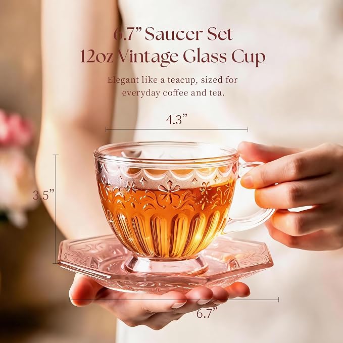 Handcrafted Vintage Glass Coffee Cup and Saucer Set, 12 oz Large Tea Cup with Octagonal Saucer for Coffee, Latte, Tea, Gift for Women, Microwave & Dishwasher Safe, Rose Mist Pink