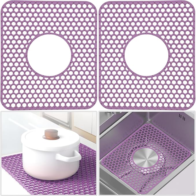 Silicone Sink Protectors for Kitchen - Non-Slip Heat Resistant Grid Mat for Farmhouse Porcelain Stainless Steel, Protects & Cushions Your Sink(Purple 2PCS, 12.4"x10.4" Center Drain)