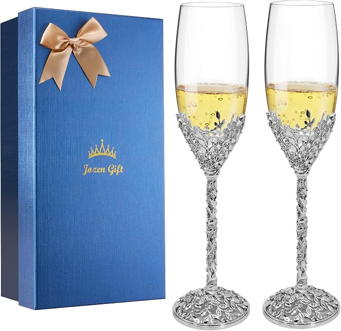 Silver Champagne Flutes -His and Hers,Wedding Toasting Glasses for Engagement Celebrations, Bridal Shower and Registry Idea, Tall Wine Glasses for Bride and Groom Gifts,7oz (Chrome)