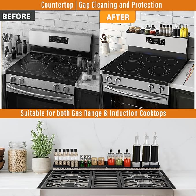Stove Gap Covers Stainless Steel 2PC(0.08"–0.7"W,13.8"–27.5"L) + 30"(2x15") Magnetic Stove Shelf|2-in-1 Adjustable Counter Gap Filler&Range Organizer|Heat Resistant Bonus Cleaning Brushes&Pads