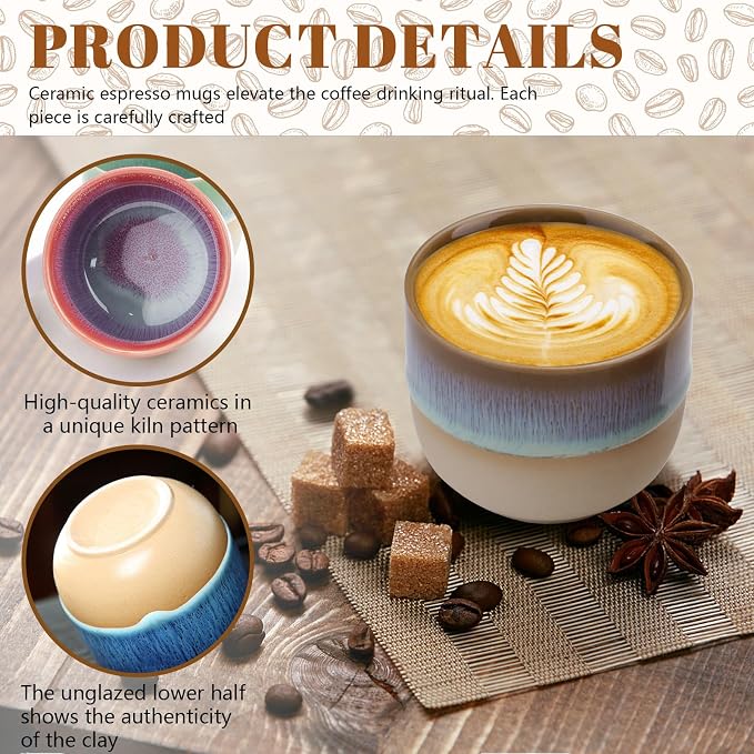 4 Pieces Handleless Porcelain Espresso Cups Set, 5 Oz Porcelain Espresso Mugs, Semi-Glaze Clay Demitasse Coffee Cups for Home Office Mocha Tea Machine (2.3" x 2.7", Colorful)