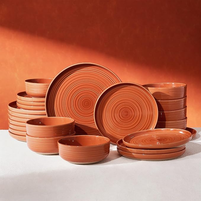 24-Piece Stoneware Dinnerware Sets for 8 - Farmhouse Coupe Plates and Bowls with Speckles & Spirals - Chip & Scratch Resistant, Microwave & Dishwasher Safe - Gift Box, Terracotta