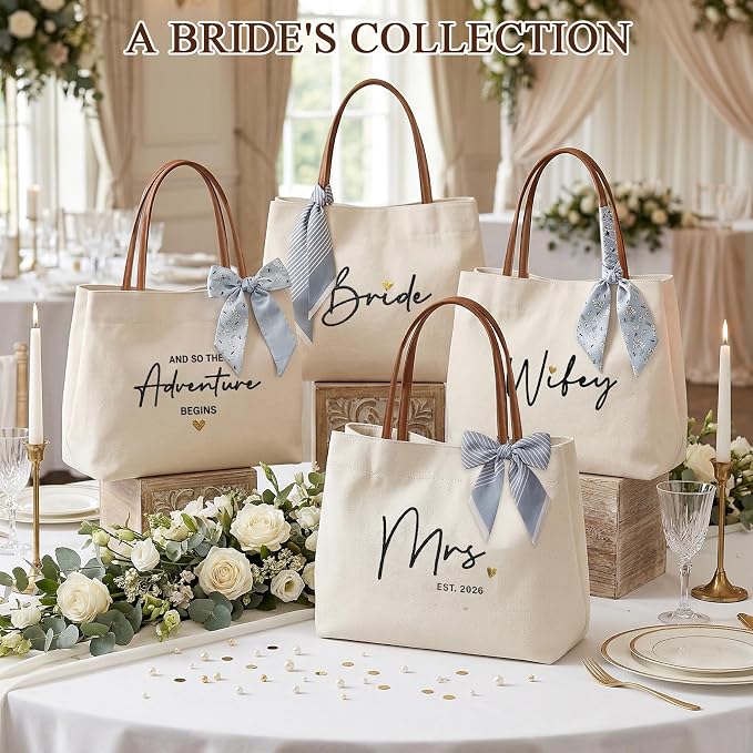 Bride Tote Bag, Embroidered Canvas Wedding Essential Tote, Bridal Shower Engagement Bachelorette Beach Bag