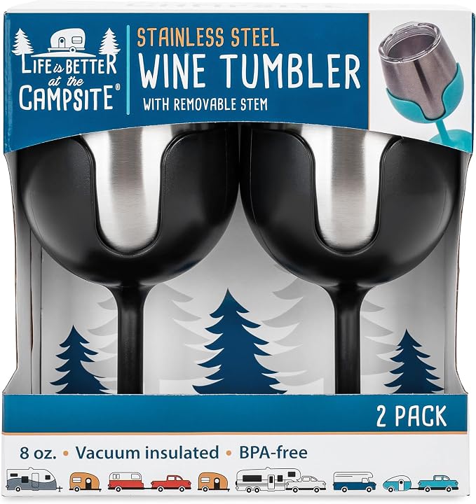 Camco Life is Better at The Campsite Wine Tumbler | Heavy Duty Double Wall Vacuum Insulation | Crafted of 18/8 Stainless Steel | Features Removable Black Stems | 2-Pk, 8-oz/Each (53485)