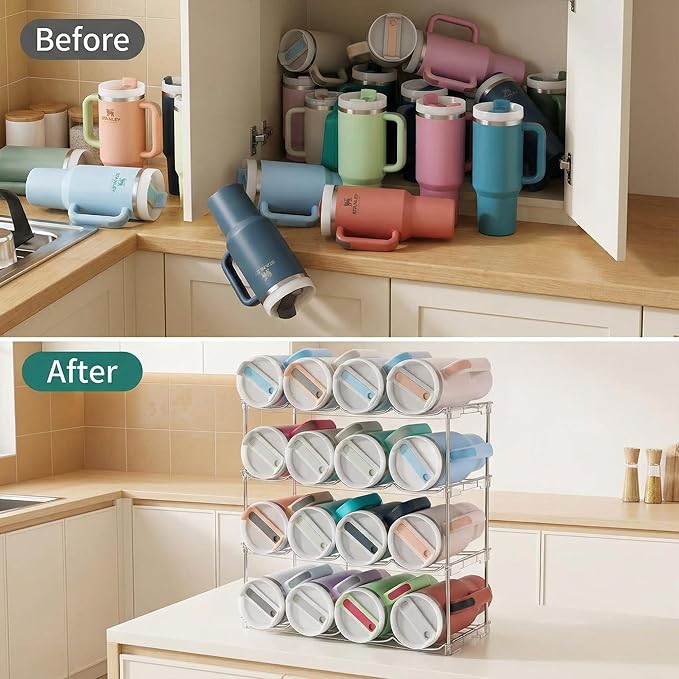 Stackable Water Bottle Organizer for Stanley 40 oz Tumbler, Larger Water Bottle Holder for Kitchen Cabinet, Pantry Organizers and Storage for Stanley Cup and Tumbler Organizer, Hold 16 Bottles
