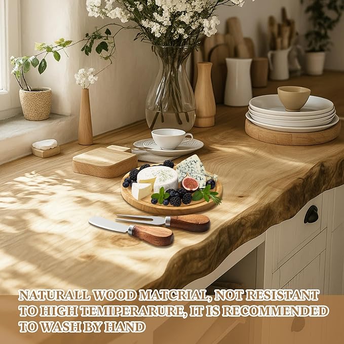 Maxcheck 1 Set Baby Shower Bridal Game Prizes for Winners Round Cheese Board Set Wood Mini Charcuterie Board with Knives and Forks Thank You Card with Gift Box for Guests Wedding (Teak)