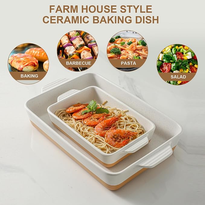 Ceramic Baking Casserole Dish with Handles, Large 9x13 inch Pan and Middle Baking Pan - Porcelain Serving Bakeware Set (Farmhouse White)