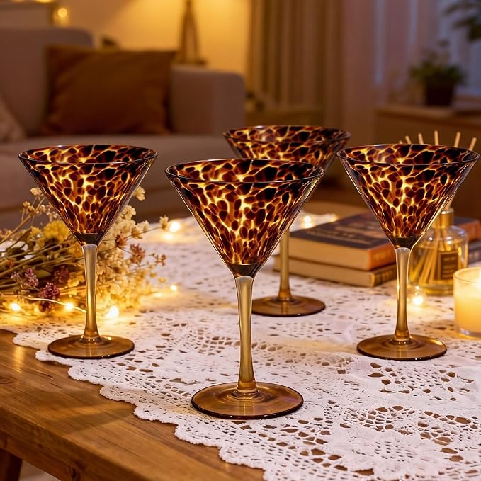Honeydak Set of 6 Tortoise Leopard Print Martini 7oz Brown Rocks Glasses Stylish Stemless Cocktail Cups Glass Glassware Tumbler Ideal for Gin, Tequila, Vodka, Soft Drinks