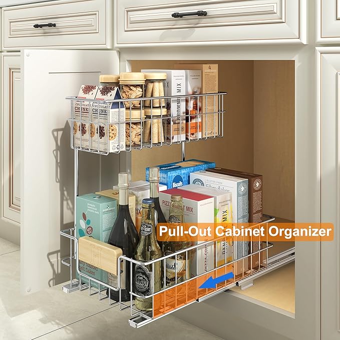 ROOMTEC Pull Out Cabinet Organizer, Under Sink Slide Out Storage Shelf with 2 Tier Sliding Wire Drawer, Sliding Storage for Inside Kitchen Cabinet- 11½ in. W x 21½ in. D (Left)