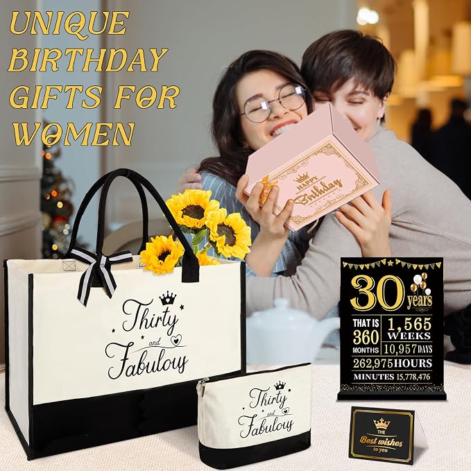 YeohJoy 30th Birthday Gifts for Women 30 and Fabulous Canvas Tote Bag Travel Gear, Unique 30 Years Old Gifts for Wife Sister Mom Aunt Friends Her, Handbag & Cosmetic Bag & 30 Birthday Poster