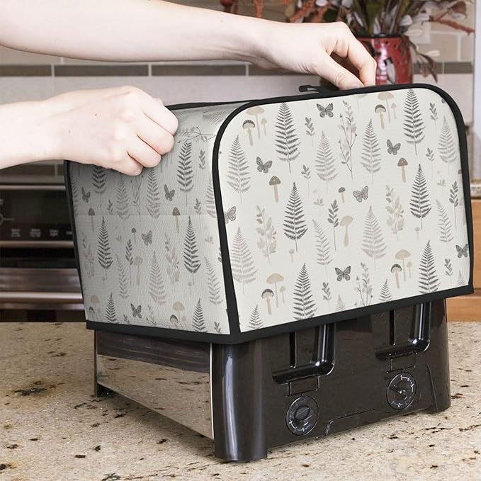 4 Slice Toaster Cover for Kitchen Botanical Leaf Butterfly Mushroom aterproof and Dustproof Toaster Dust Cover with Side Pockets Decorative Universal Cover for Wide Slot Toasters and Small Appliances