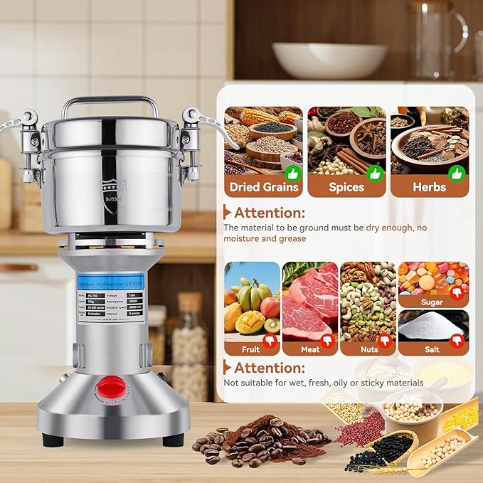 Electric Grain Mill Grinder - 2000W High-Speed 750g 304 Stainless Steel Professional Grain Mill & Spice Grinder for Kitchen and Coffee Shop - Grinds Grains, Coffee, and Dry Spices with Easy Operation