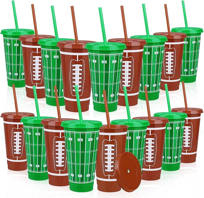 Kochorie 18 Pcs 24 oz Football Party Cups with Lids and Straws Reusable Plastic Tumbler Travel Mug Cups for Kids Coach Men Women Football Favors Tailgate Party Sports Game Time Supplies Decorations