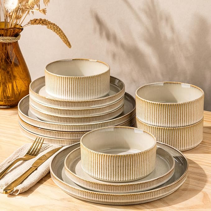 GBHOME Stoneware Dinnerware Sets for 4, 12 Pieces Lightweight Ceramic Ribbed Plates and Bowls Set, Reactive Glaze Stackable Plate Sets, Scratch Resistant Dishes, Microwave & Dishwasher Safe,Cappuccino